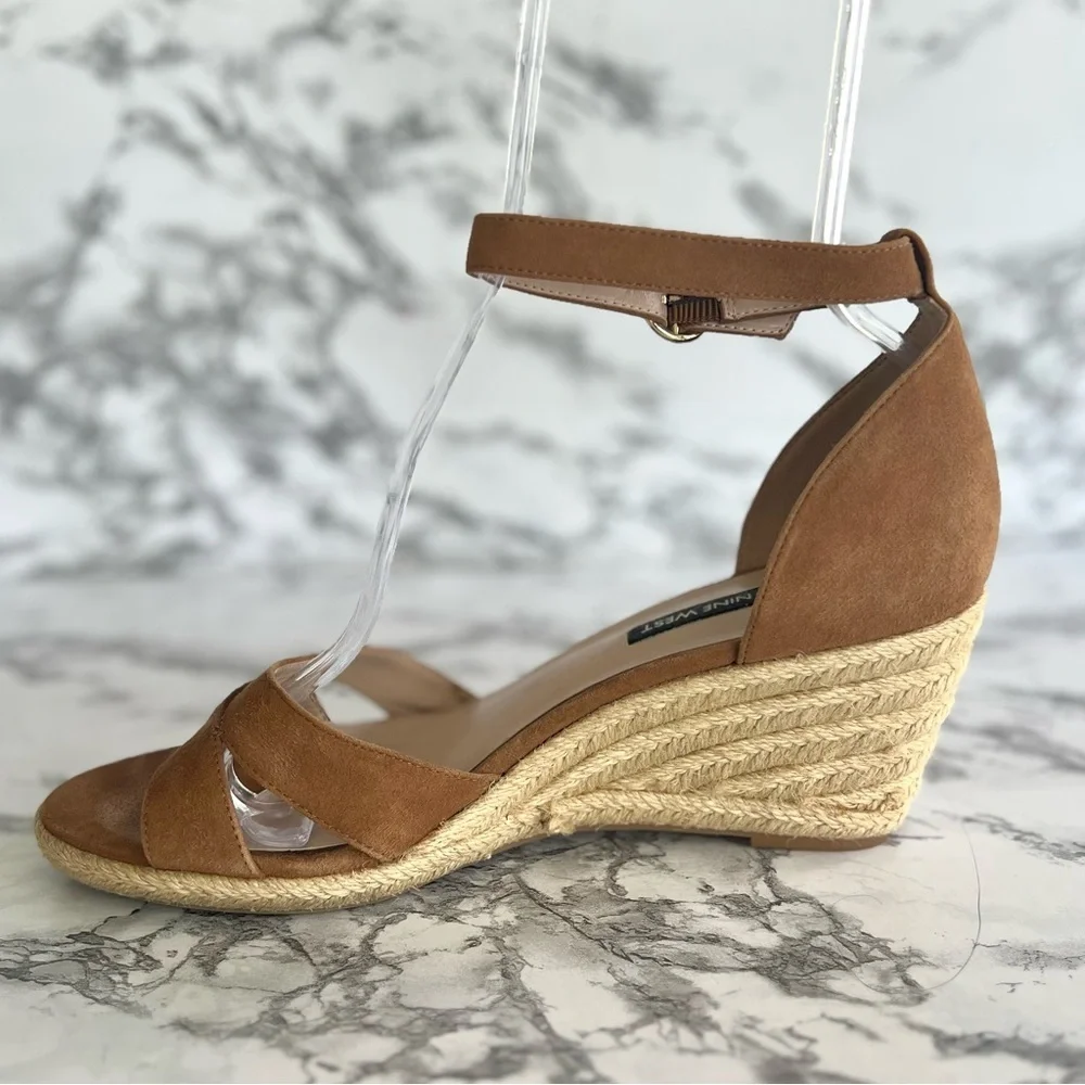 Nine West Jeranna Espadrille Tan Suede Ankle Strap Wedge Sandals 10
